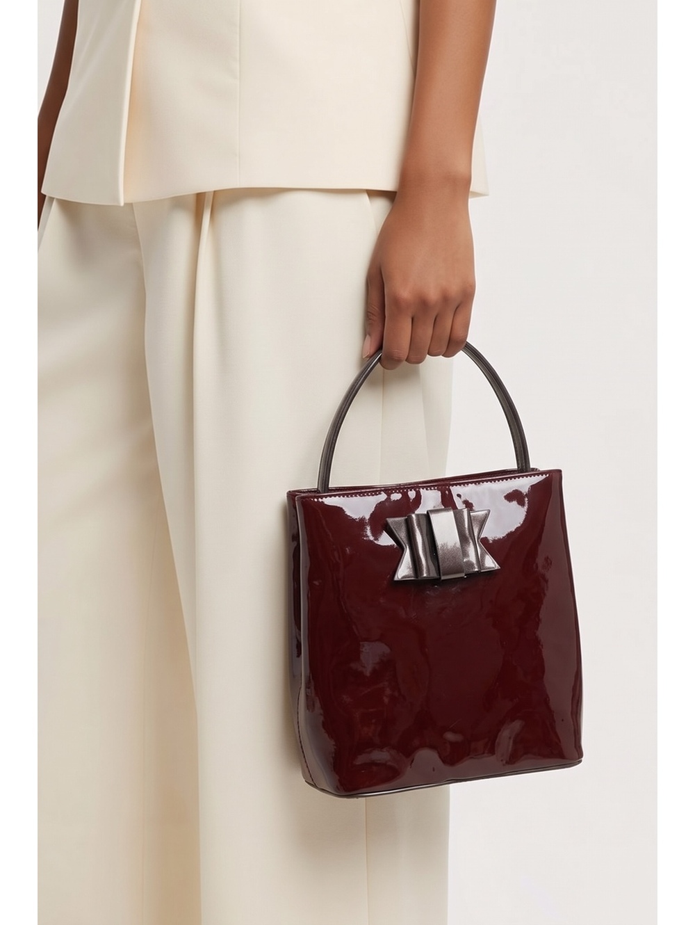 Samoa Style Burgundy Patent Leather Satchel Bow Purse Adjustable Handles